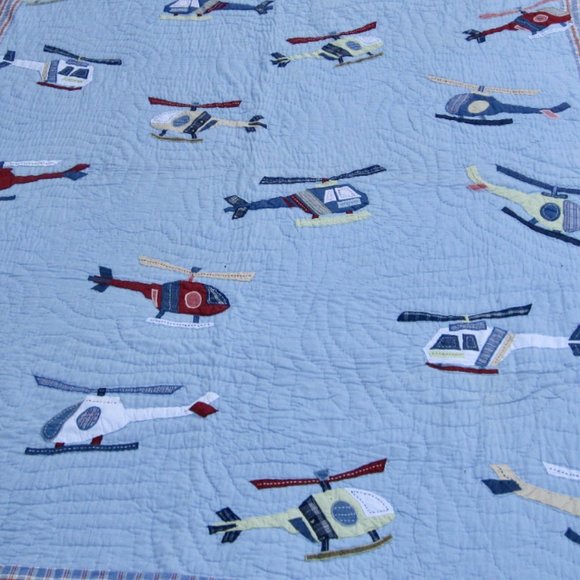 Pottery Barn Bedding Pottery Barn Blue Quilt Helicopter Applique Aviation Flight Whirlybird